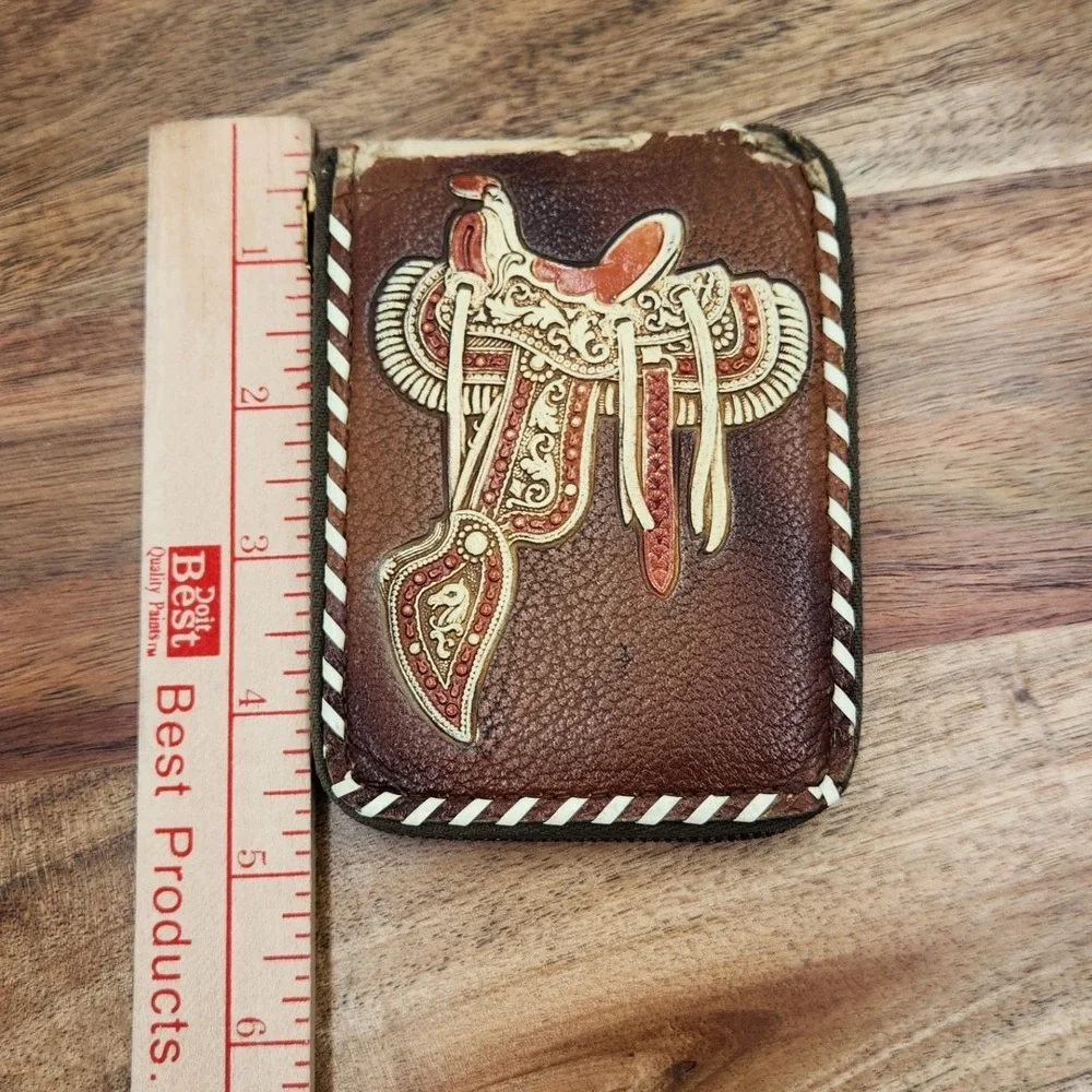 Vintage Tooled Leather Western Wallet Saddle Cowboy Boots Whipstitch Zip Brown